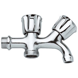 Rubinetto a sfera t.b.t. cromato con due maniglie.