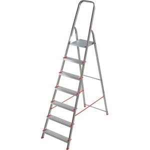 Scaletta pieghevole in alluminio con 6 gradini e barra di sicurezza.