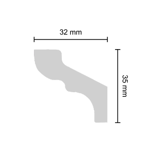 Sezione trasversale del profilo decorativo bianco Decosa Stella con dimensioni (32x35mm).
