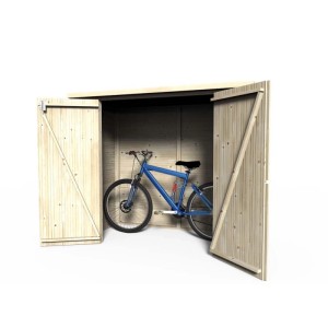 Box per biciclette in legno con doppie porte aperte e bicicletta blu all'interno. Legno naturale.