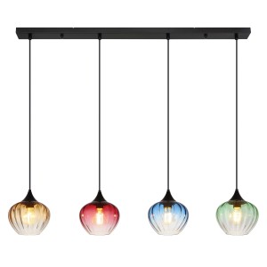 Lampada a sospensione t.b.t. con quattro paralumi in vetro colorato (giallo, rosso, blu, verde).