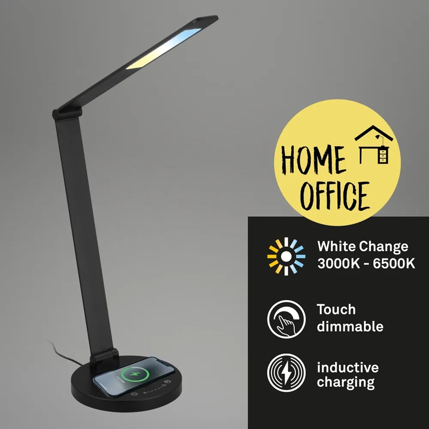 Lampada da scrivania LED Brilo Cuma nera con ricarica induttiva e dimmer touch.
