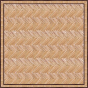 Tappeto moderno con motivo a spina di pesce e bordo marrone.