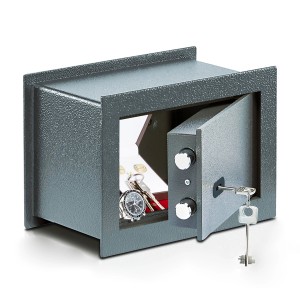 Cassaforte a muro Burg Wächter Pure Safe PSW 110 K antracite, aperta con contenuto.