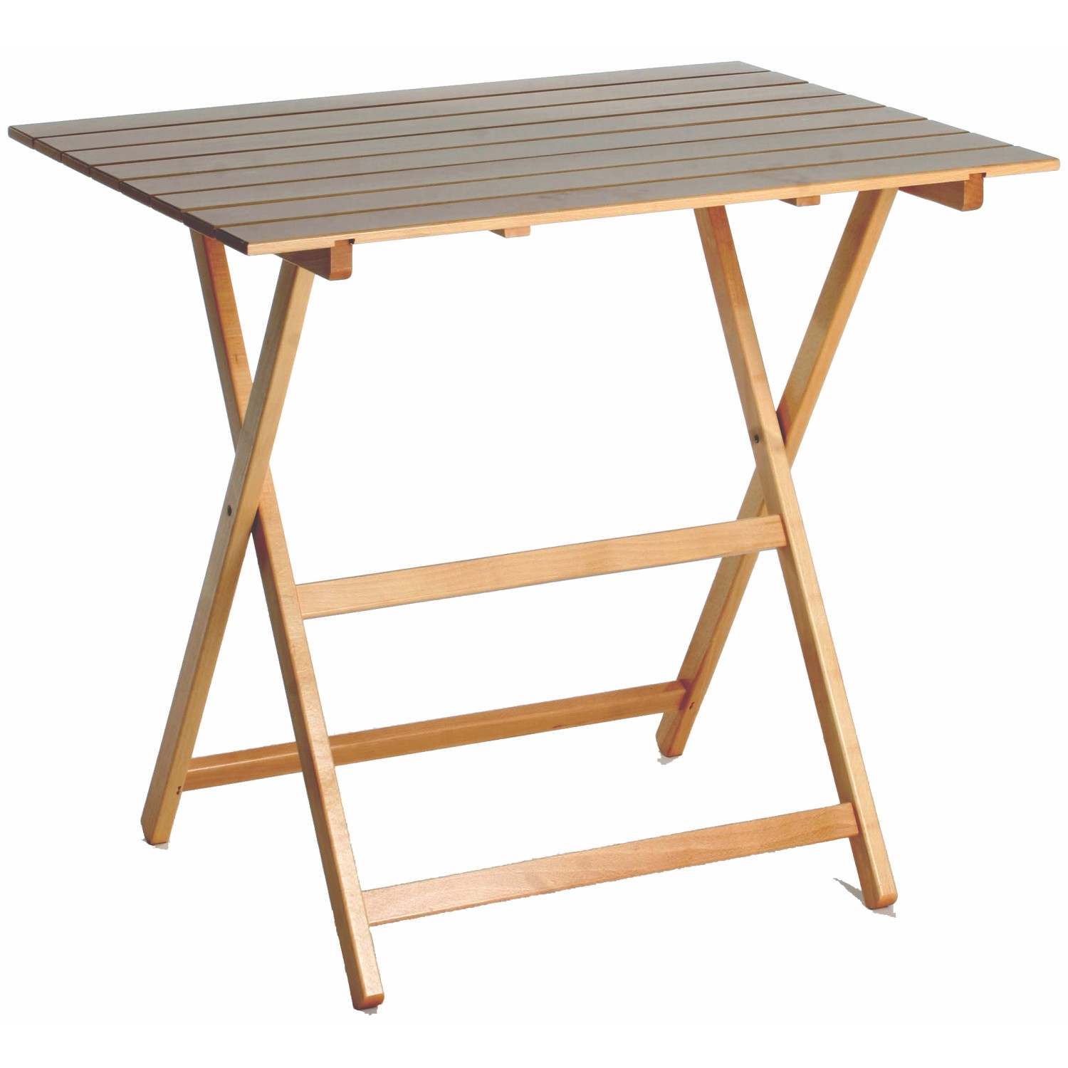 Tavolo da giardino pieghevole con struttura in legno e piano marrone.