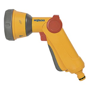 Pistola a spruzzo da giardino Hozelock gialla per irrigazione.