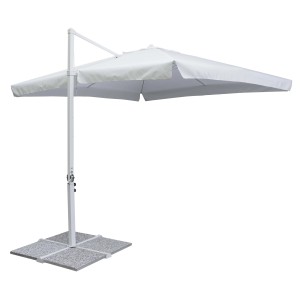 Ombrellone a braccio t.b.t. bianco con base in pietra per giardino o patio.
