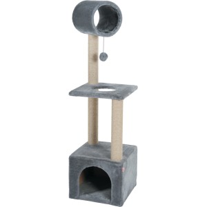 Tiragraffi grigio con cuccia, piattaforma e gioco per gatti.