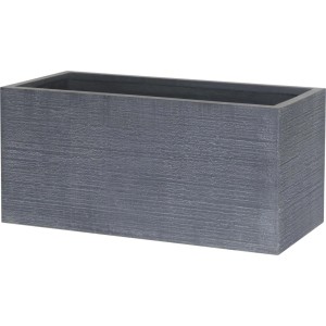 Vaso per piante rettangolare grigio con texture legno.