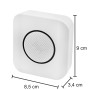 Campanello wireless bianco con pulsante, portata 200 m, con indicazioni sulle dimensioni.