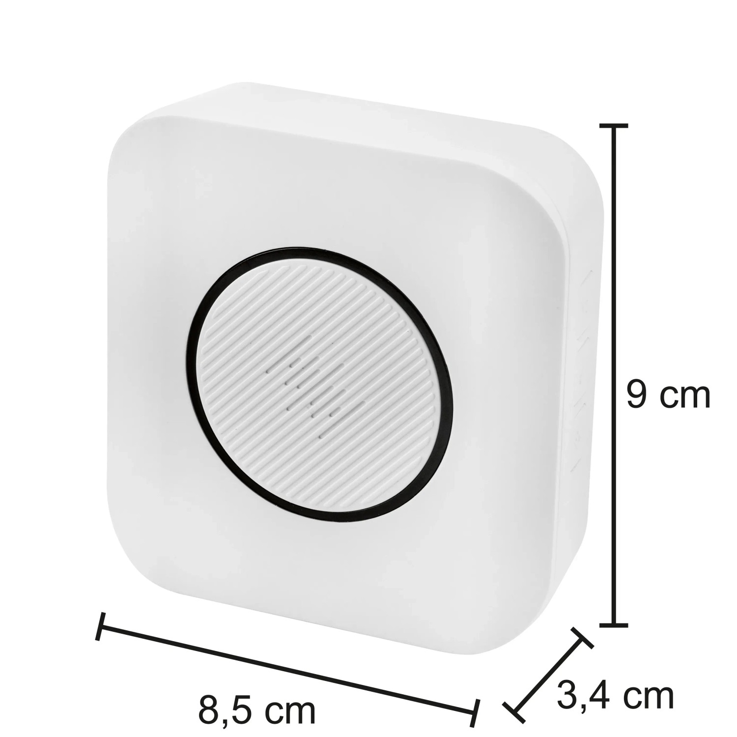 Campanello wireless bianco con pulsante, portata 200 m, con indicazioni sulle dimensioni.