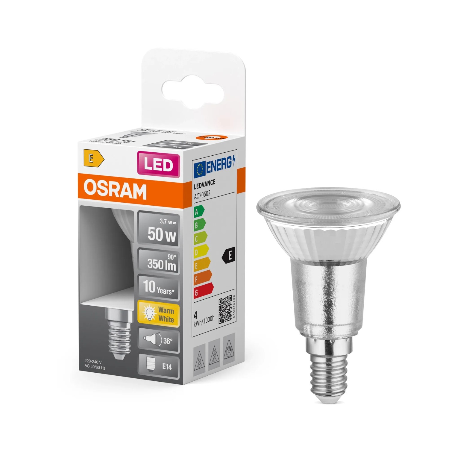 Lampadina LED riflettente Osram E14, 3,7W, bianco caldo. Lampada PAR16 compatta per diverse applicazioni.
