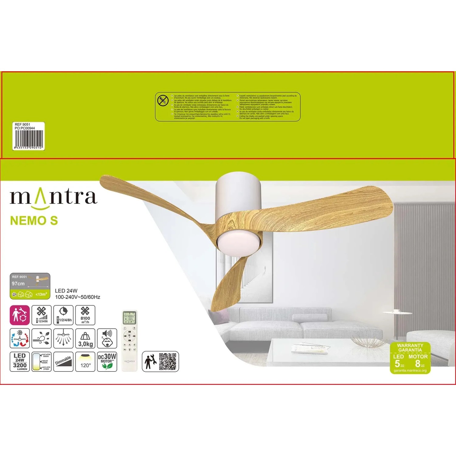 Ventilatore da soffitto con luce LED 24W Ø 97x25 cm bianco legno_14