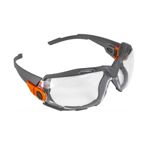 Occhiali di protezione t.b.t. con montatura grigia e lenti chiare.