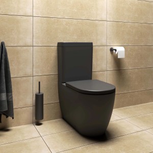 WC monoblocco t.b.t. nero con scopino e asciugamano su parete beige.