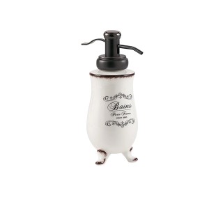 Elegante dispenser di sapone in stile vintage con piedini e testina a pompa nera.