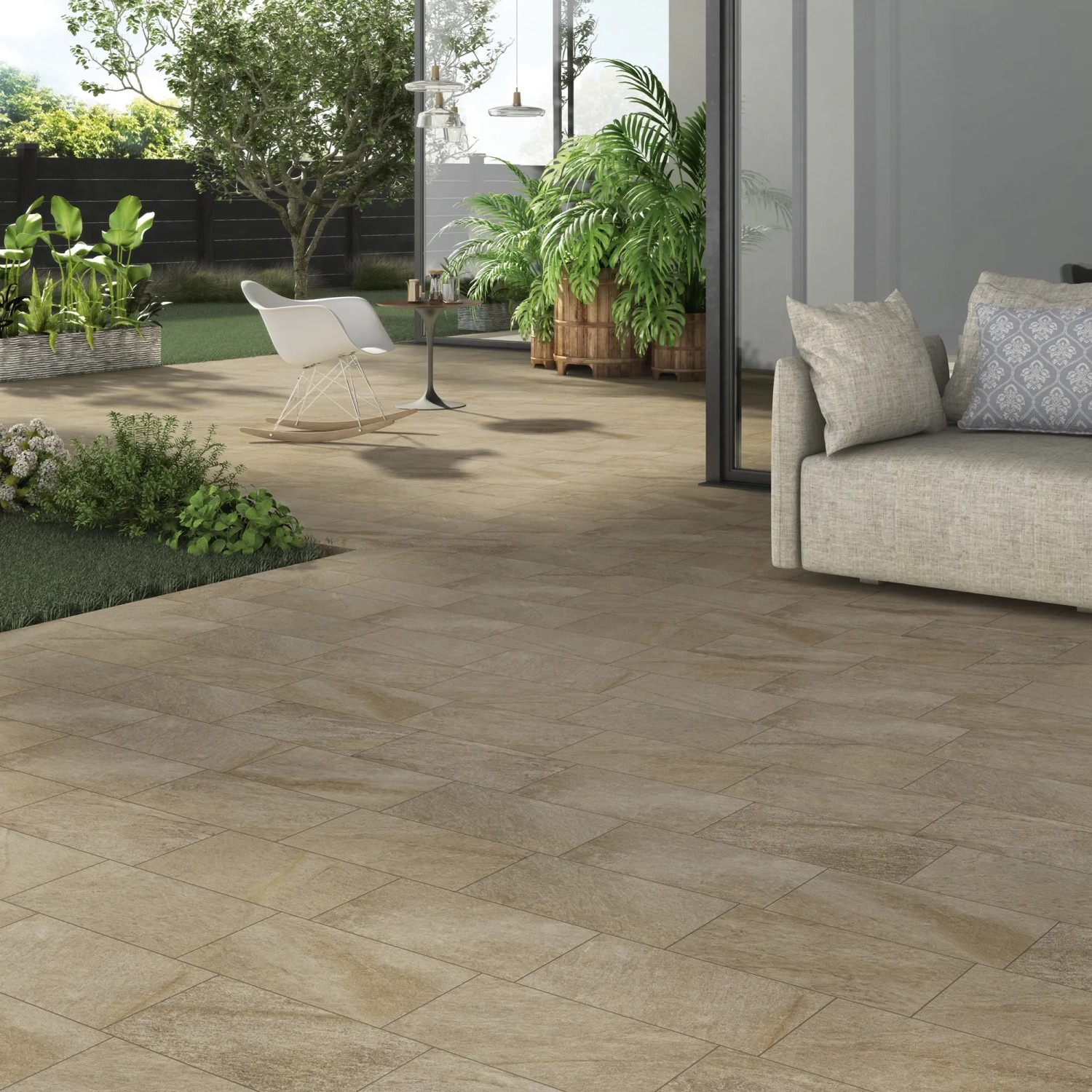 Piastrelle per pavimenti esterni posate, piastrelle per patio beige.