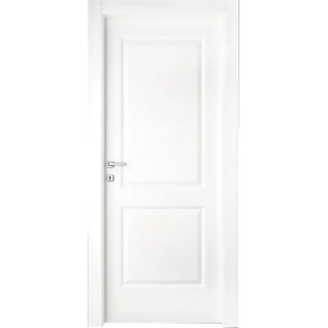 Porta interna bianca con due pannelli e maniglia argento.