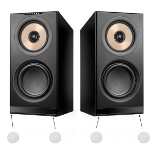 Due casse acustiche nere con piedini rotondi.