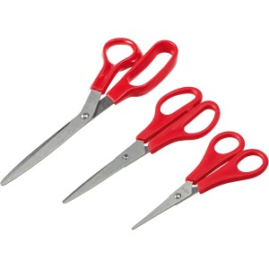 Set di 3 forbici con manici rossi e lame in acciaio inox.