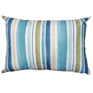 Cuscino da esterno a righe nei toni del blu, verde e beige.