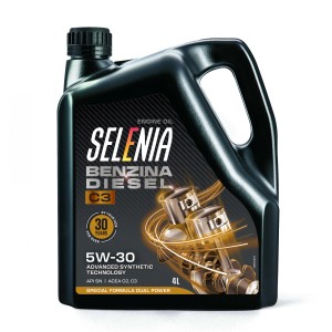 Olio motore Selenia 5W-30 per motori benzina e diesel, 4 litri.