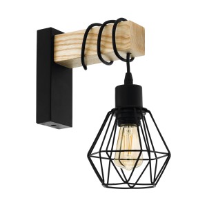 Moderna lampada da parete Eglo Townshend 5 in nero-marrone con elemento in legno e paralume geometrico.