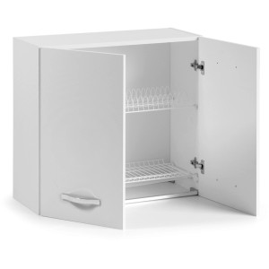 Pensile da cucina bianco con scolapiatti, ante aperte.