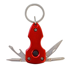 Portachiavi moschettone t.b.t. rosso con utensili come coltello e cacciavite.