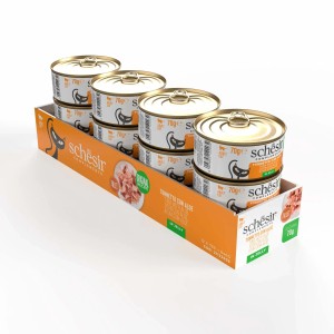 Diverse lattine di cibo umido per gatti t.b.t., tonno con aloe, in vassoio.
