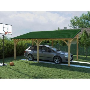 Posto auto coperto con copertura bituminosa verde e auto in giardino.