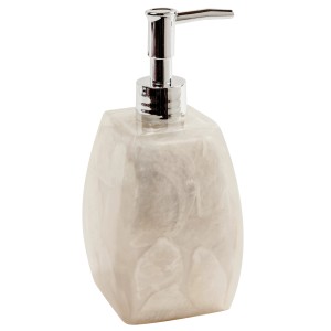 Elegante dispenser sapone con superficie lucida e pompa cromata.