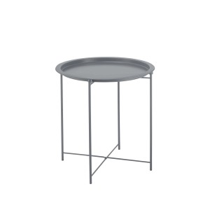 Tavolino da bistrò grigio con piano rotondo e struttura in metallo.