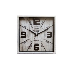 Orologio da parete quadrato in stile vintage con numeri e scritte.