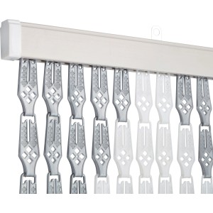 Tenda per porta t.b.t., dettaglio maglie della catena in grigio e bianco.