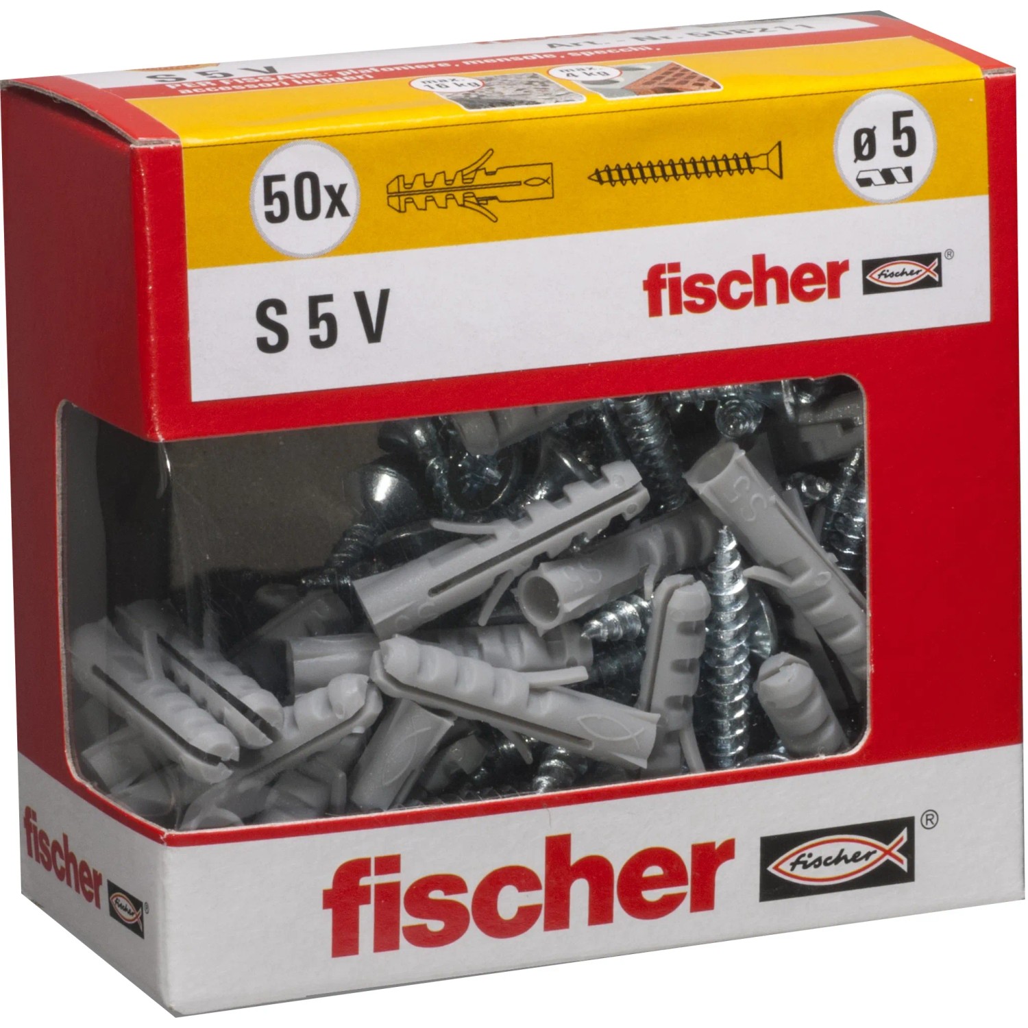 Tasselli Fischer S 5 V, confezione da 50, adatti a diverse applicazioni.
