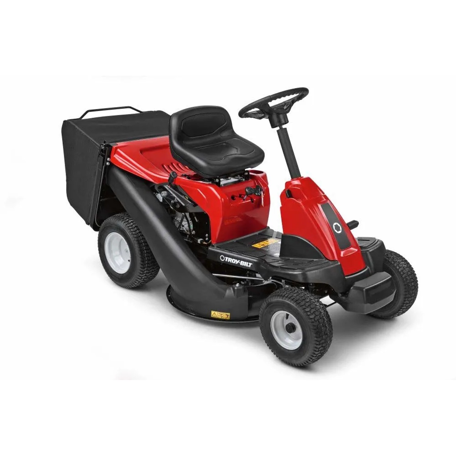 Tosaerba rider Troy-Bilt Mini-Rider 60T-R rosso con scarico posteriore e cesto di raccolta.