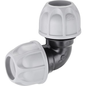 Raccordo a gomito t.b.t. per irrigazione interrata, grigio/nero.