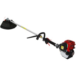 Decespugliatore t.b.t. per giardinaggio: motore rosso, albero argento, protezione nera.