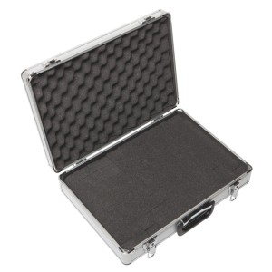 Custodia per foto LUX AKV 115 aperta, valigetta porta attrezzi argentata con inserto in schiuma personalizzabile.