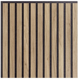 Pannello decorativo t.b.t. con listelli in legno su sfondo scuro.