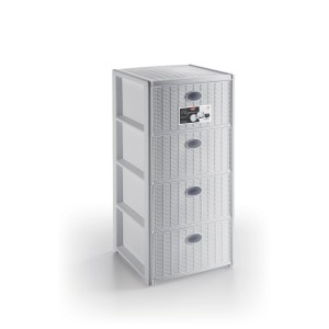 Cassettiera in plastica chiara con quattro cassetti effetto rattan. Ideale per lo stoccaggio.