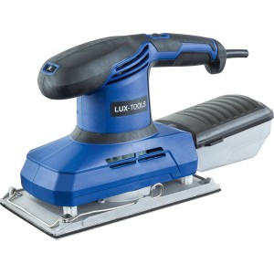 Levigatrice orbitale LUX SWS-350 blu/nera con contenitore polvere e superficie di levigatura.