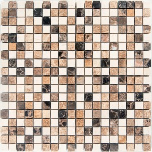 Piastrella a mosaico quadrata nei toni del beige, marrone e nero.