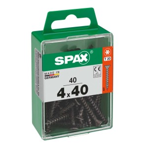 Viti universali SPAX 4x40 mm in contenitore di plastica verde.