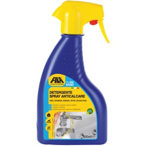 Spray detergente anticalcare blu per bagno, adatto per piastrelle, ceramica, vetro e acciaio inossidabile.