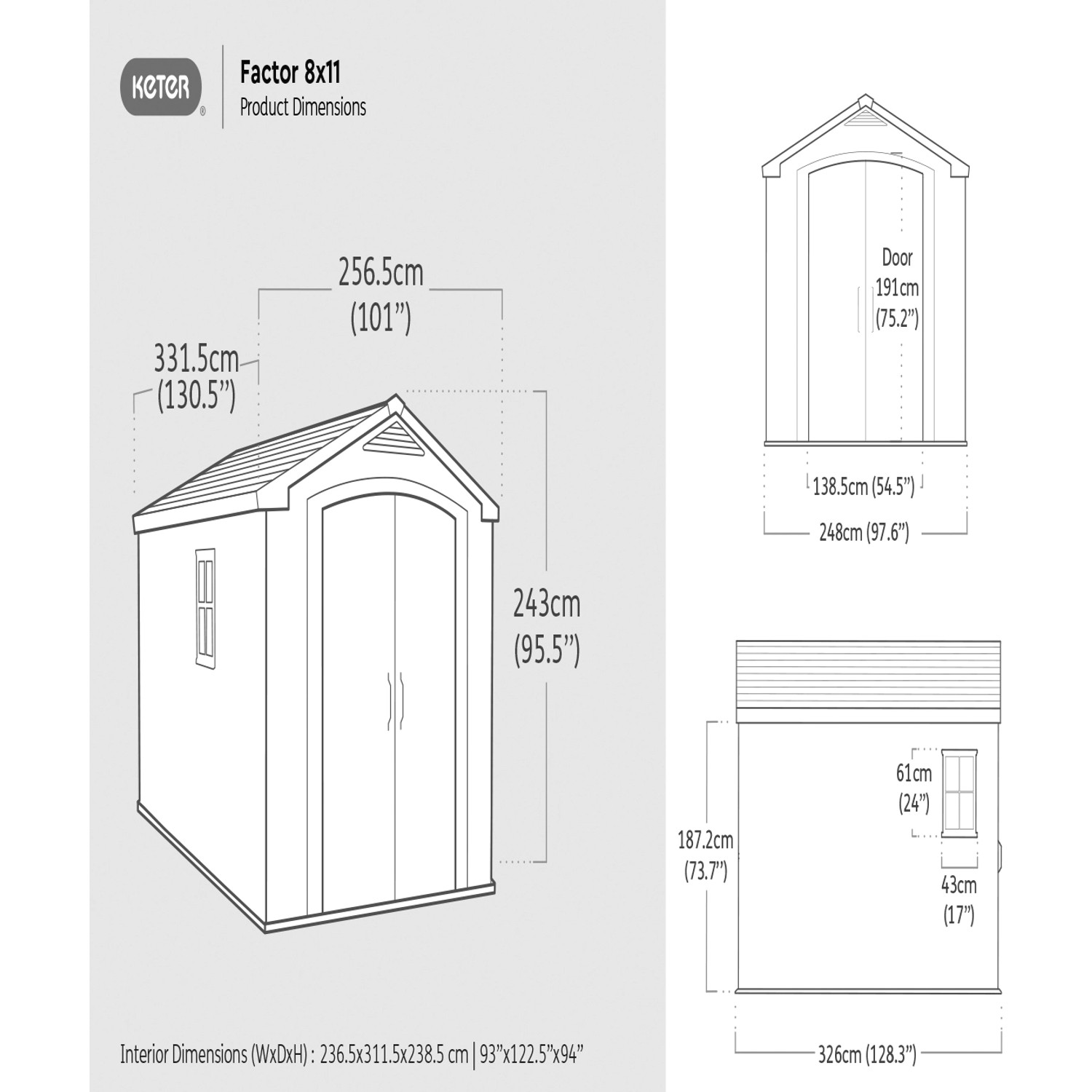 Schizzo del capanno in plastica Keter 8,1 m² con dimensioni.