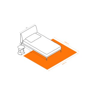 Schizzo di un tappeto moderno (t.b.t.) sotto un letto con comodino. Le dimensioni sono indicate.