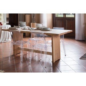 Tavolo da pranzo t.b.t. Ripiani in legno con sedie trasparenti in sala da pranzo.