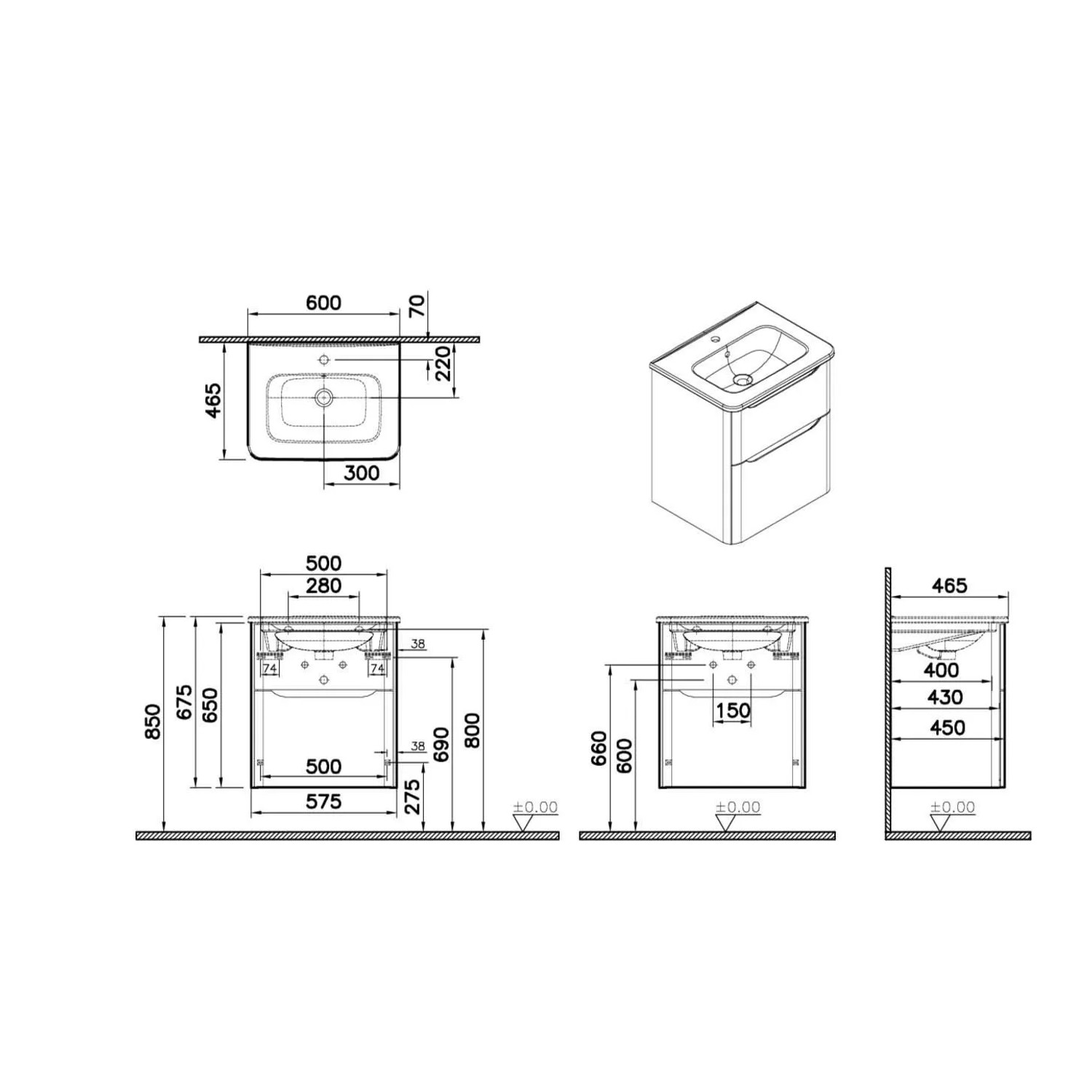 Mobile bagno base lavabo sospesa 2 cassetti Integra Round 60 cm matt white_2